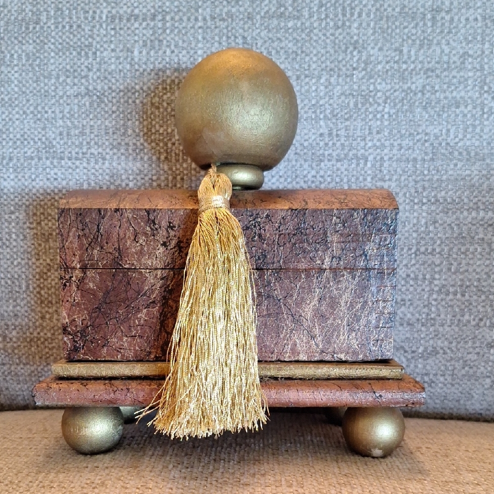 Artisan Wood Box Hinged Lid Gold Trim